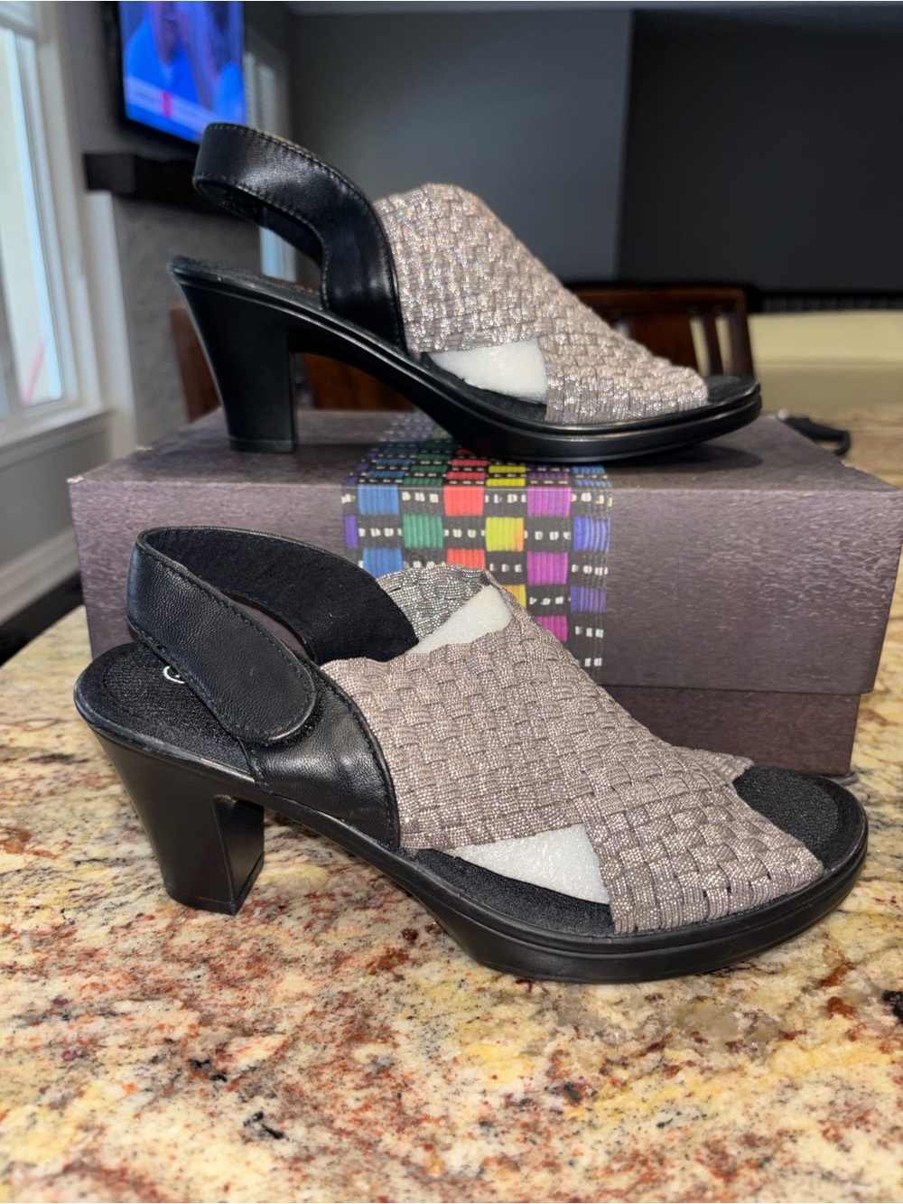 Bernie Mev Woven Slingback Heeled Sandals in Silver and Black